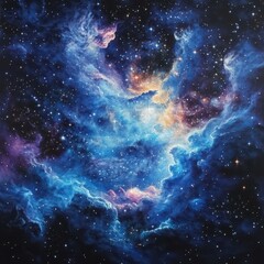 Fototapeta premium A mesmerizing painting of a vibrant blue and purple nebula, swirling with ethereal clouds of gas and dust, scattered with twinkling stars that illuminate the cosmic scene.