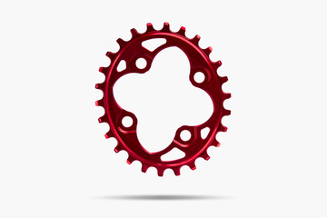 Red oval bicycle chainring against white isolated background, floating above the surface....
