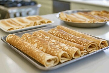 Freshly rolled pancakes on a kitchen counter: traditional breakfast delight in a modern setting