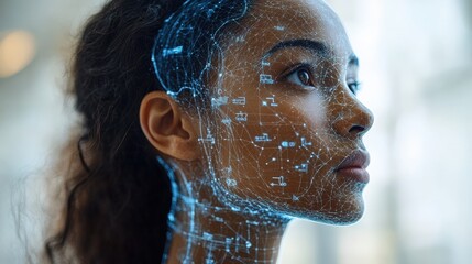 Portrait of a woman with digital facial mapping overlay in a modern, tech-inspired environment