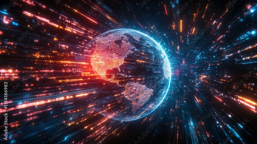 Poster dynamic visualization of earth surrounded by vibrant data streams in 4k resolution