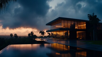 Fototapeta premium Modern Lakeside Building Dusk Silhouette Architecture Design