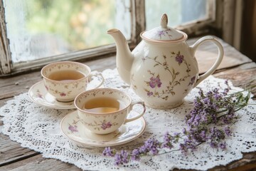 Fototapeta premium Tea time composition with vintage teapot and cups on rustic table