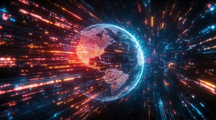 Dynamic visualization of Earth surrounded by vibrant data streams in 4K resolution