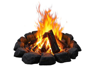 Roaring campfire, vibrant orange flames, burning logs, stones around fire pit, warm glow, isolated on transparent background