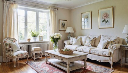 Cozy living room with floral decor and natural light