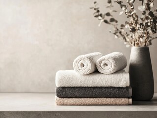 Soft, stacked towels on a light countertop,  with dried eucalyptus branches