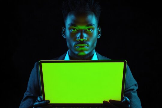 A young man in a suit holds a laptop with a bright green screen, his serious expression hinting at technological expertise or a secretive project. - Powered by Adobe