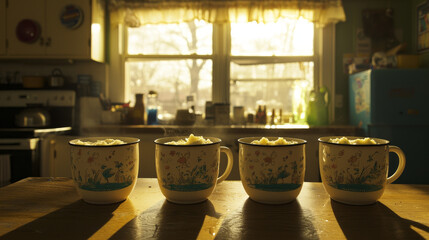 Four mugs of creamy food sit on a kitchen counter, bathed in warm sunlight streaming through a window