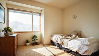 Fototapeta premium Minimalist bedroom with bed and greenery in bright sunlight