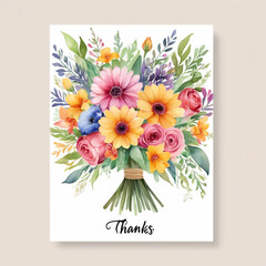 Elegant Watercolor Floral Bouquet with 'THANKS' Card Illustration