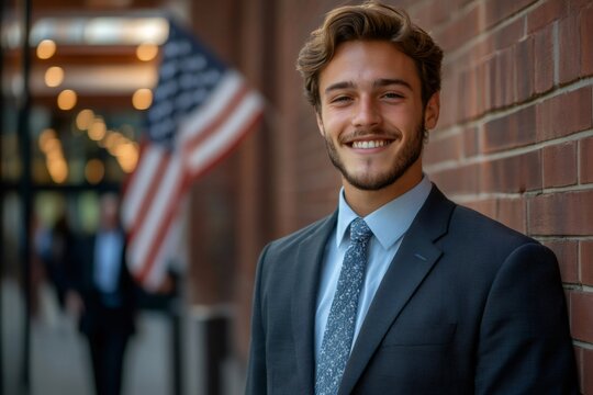 Young professional smiling with american flag in background