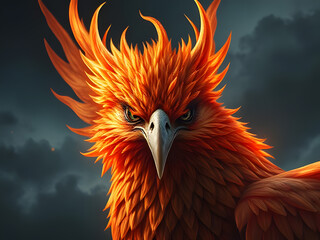 Fototapeta premium Majestic Phoenix Fiery Bird with Intense Gaze, Mythical Creature, Orange Feathers.
