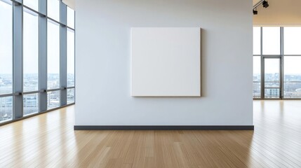 Fototapeta premium Modern Minimalist Interior Room With Empty White Wall Wooden Floor And Large Windows Showing City View