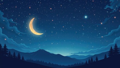 Naklejka premium Night Sky Landscape with Crescent Moon and Stars