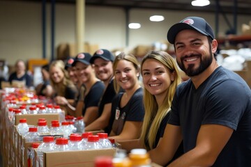 Volunteers packaging bottled water for donation in warehouse