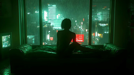 Silhouette of Woman at Night Rain City View