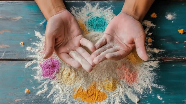Hands skillfully arrange colored powders to form a rangoli pattern, a traditional art form celebrated during Hindu festivals, reflecting the beauty of Indian culture and vibrant celebrations.