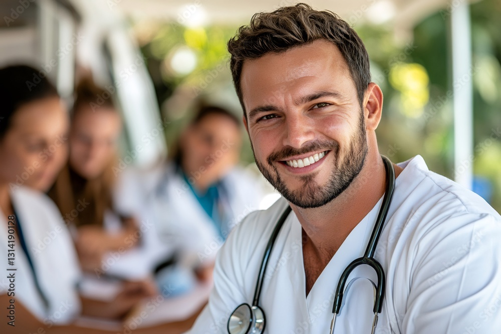 Poster portrait of smiling doctor wearing scrubs and stethoscope with colleagues working in background