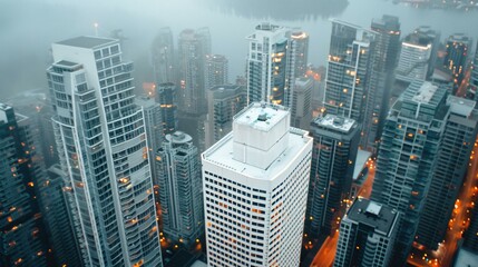 Obraz premium Aerial view of a modern high-rise city tower with reinforced concrete core, structural integrity, architectural blueprint