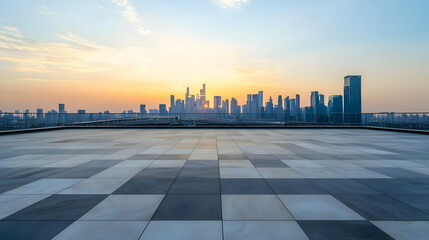 Empty Rooftop Terrace With Modern City Skyline At Sunset With Geometric Tiled Pavement In Foreground
