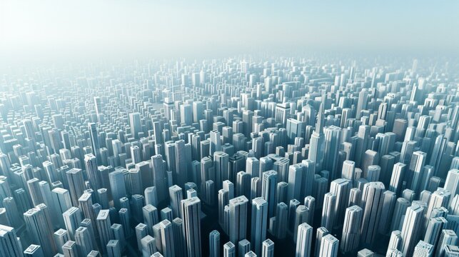 Bird's-eye view of a high-density city with interconnected skyscrapers, advanced urban planning, megacity development