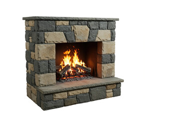 stone fireplace with burning logs isolated on a white background,