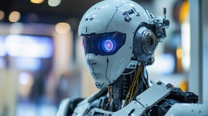 Advanced Robotics: Futuristic humanoid robot with glowing blue eyes, detailed mechanical design, and a sleek white body.