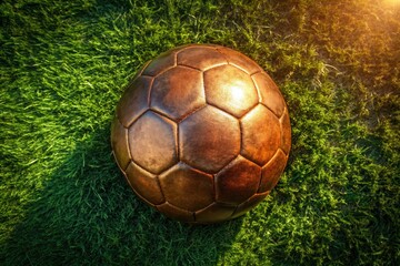 Fototapeta premium High-altitude shot: antique bronze soccer ball, vintage leather sphere.