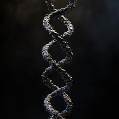 Obraz premium A striking close-up of a vibrant DNA double helix spiraling gracefully against a deep black background, showcasing intricate base pairs and the elegant twists of its structure.