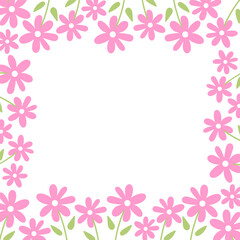 Floral frame with abstract pink flowers. Floral promo for advertising. Spring template of postcard, banner, poster, flyer, cover with space for text. Trendy Mother's Day card.Summer frame with daisies
