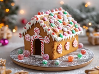 Gingerbread house, decorated with icing and candy, close-up, festive treat, Christmas baking