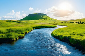 Fototapeta premium Serene Icelandic Landscape with River Flowing Through Green Meadows