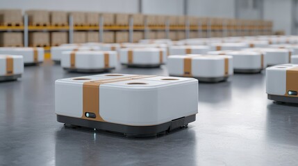 automated efficiency AI performance concept. Automated delivery robots in a warehouse setting.