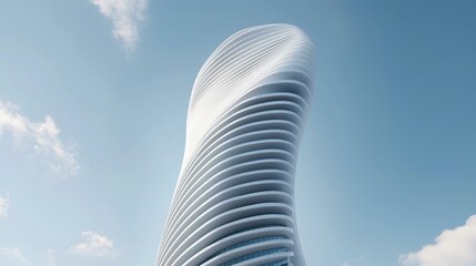 Futuristic city tower with aerodynamic design, wind-resistant skyscraper structure, sustainable high-rise building