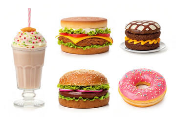 Collage of milkshake, burgers, and donuts on white background.