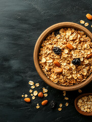 A wooden bowl filled with granola, featuring oats, almonds, and dried fruits like raisins. The bowl is placed on a dark textured surface, with some granola scattered around and a small bowl nearby.
