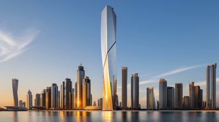 Futuristic city tower with aerodynamic design, wind-resistant skyscraper structure, sustainable high-rise building