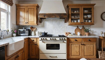 Rustic kitchen interior with wooden cabinets and stove