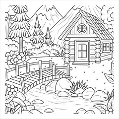 Obraz premium Cozy Log Cabin in Nature - Coloring Page
