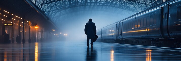 Obraz premium Mysterious Figure Walking Cityscape Night Abstract Moody Blue