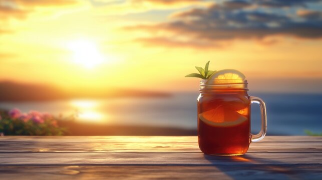 Refreshing iced tea at sunset on a beach with citrus slices and mint in a glass jar - Powered by Adobe