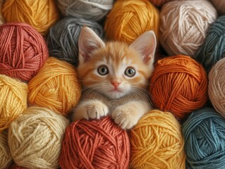 Cute kitten playing with colorful yarn balls on cozy knitted background