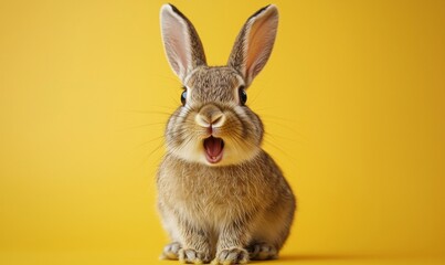 Obraz premium Surprised Grey Bunny Rabbit with Open Mouth on Yellow Background 