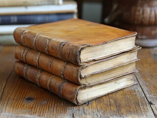 Vintage leather book with intricate handmade cover on wooden desk highlighting crafted details and heritage