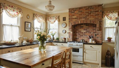 Charming kitchen with wooden table and floral decor