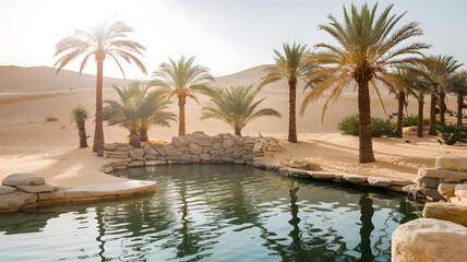 A sunlit desert oasis with palm trees and a calm pool of water.