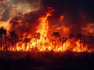 Intense wildfire ravages dense forest with burning trees and smoke