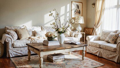 Obraz premium Cozy living room with floral decor and natural light
