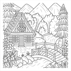 Naklejka premium Cozy Cabin with Wooden Bridge in Nature - Coloring Page